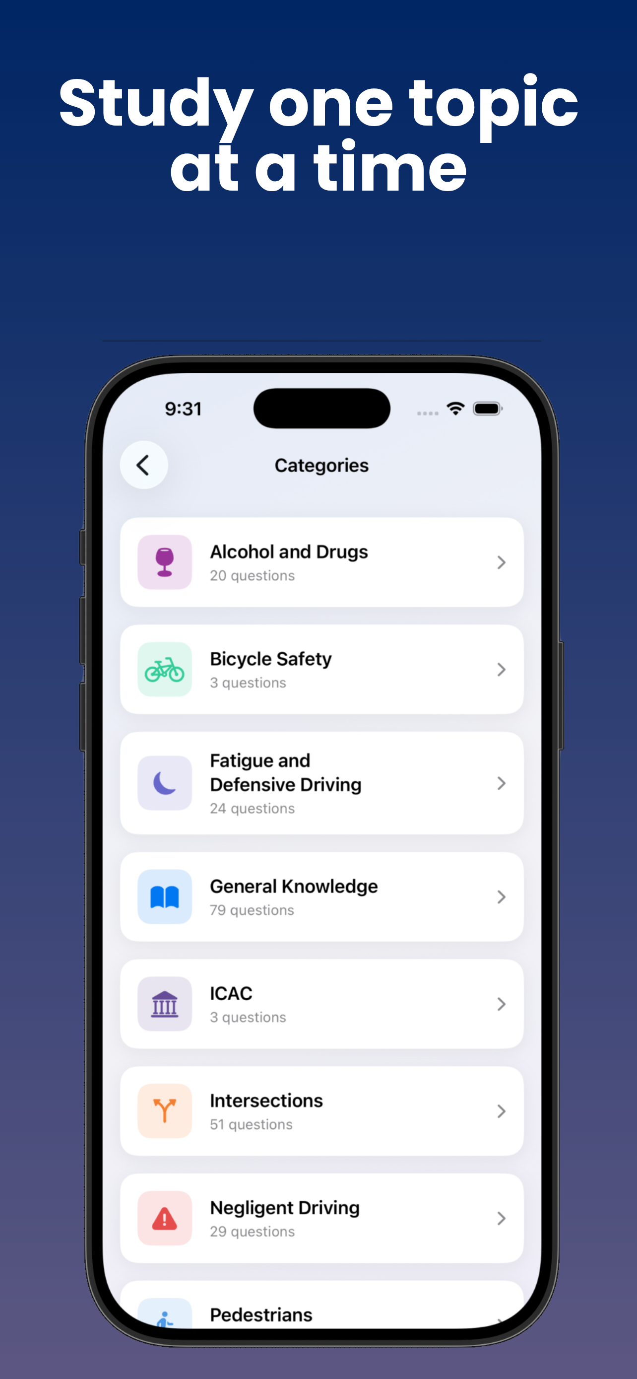 DrivePrep NSW categories screen showing focused topics such as General Knowledge and Intersections