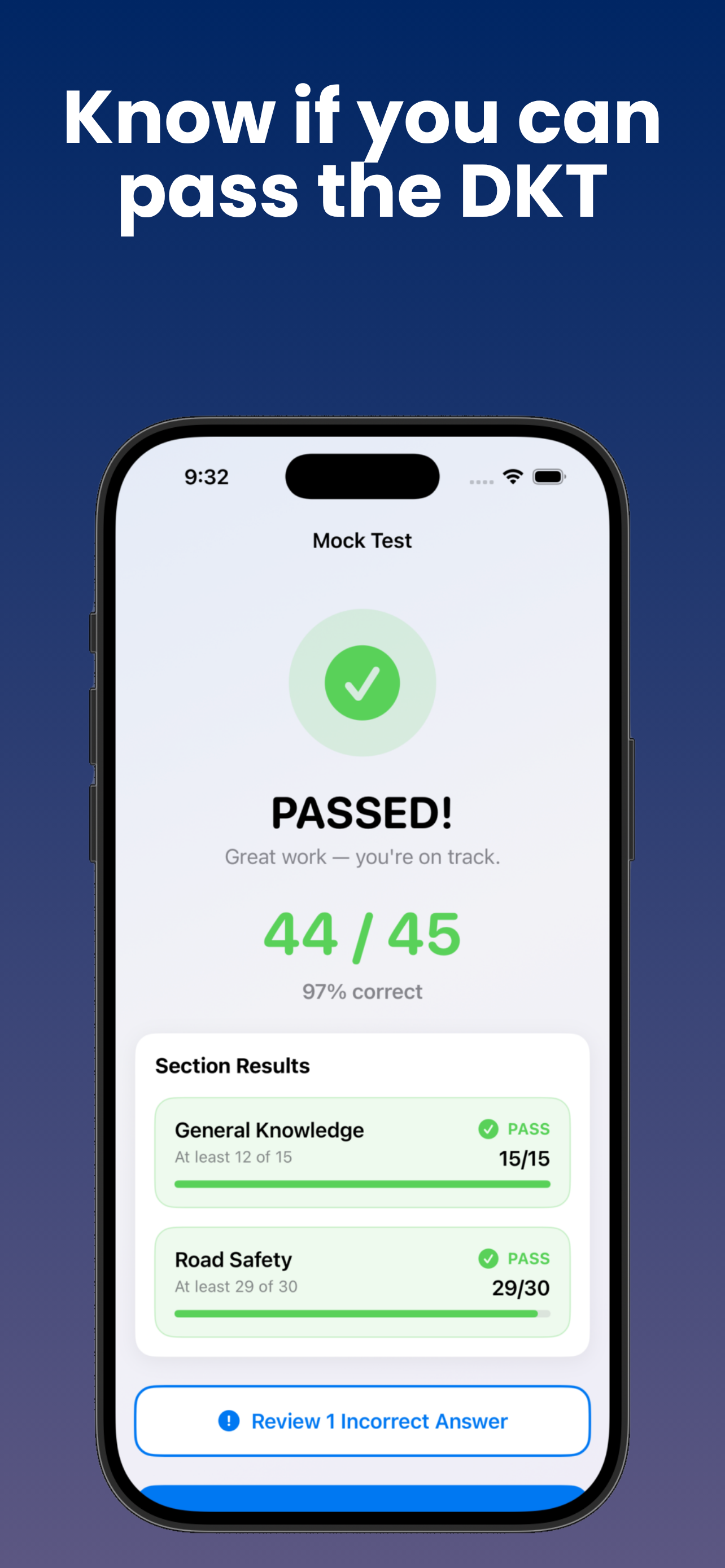 DrivePrep NSW mock test result showing a passed score of 44 out of 45