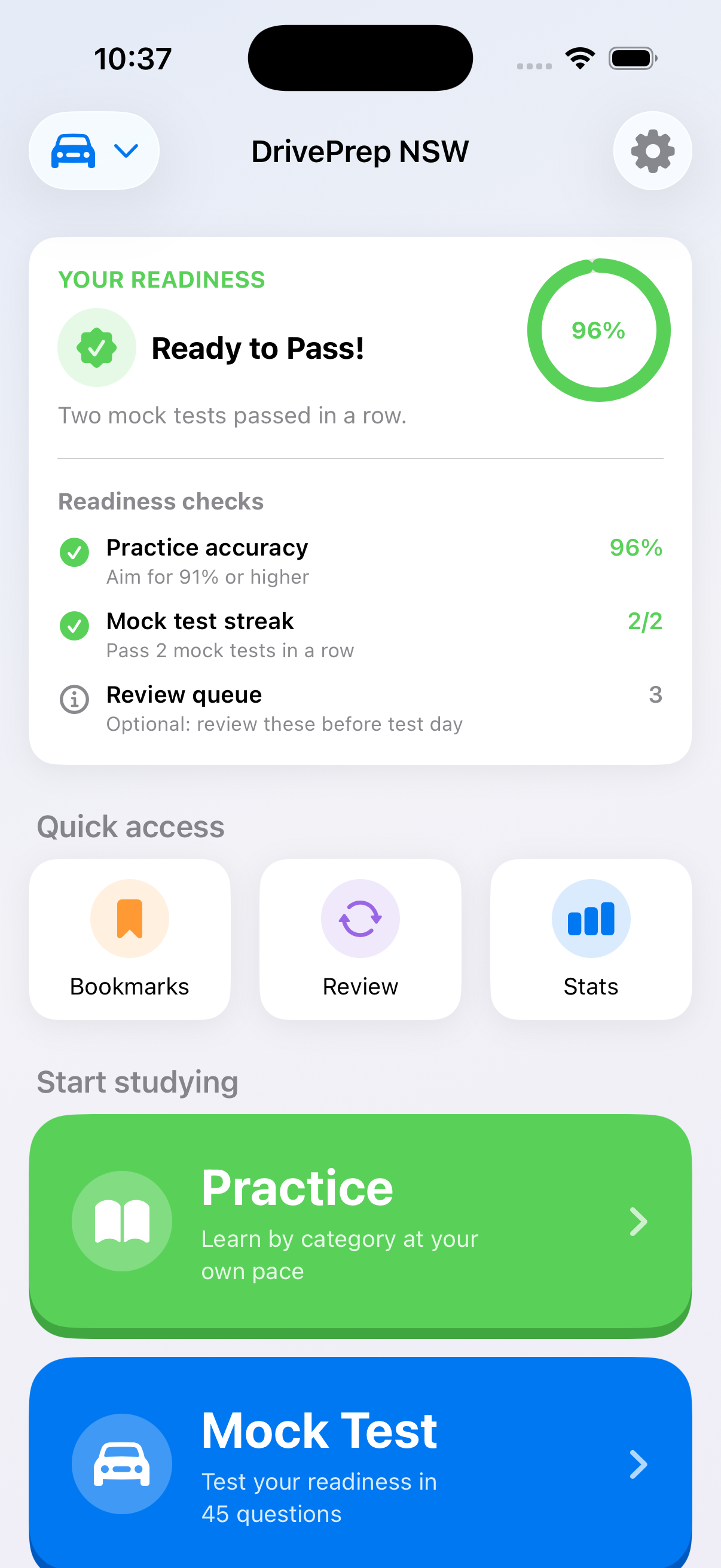 DrivePrep NSW home screen showing readiness, practice, mock tests, and progress