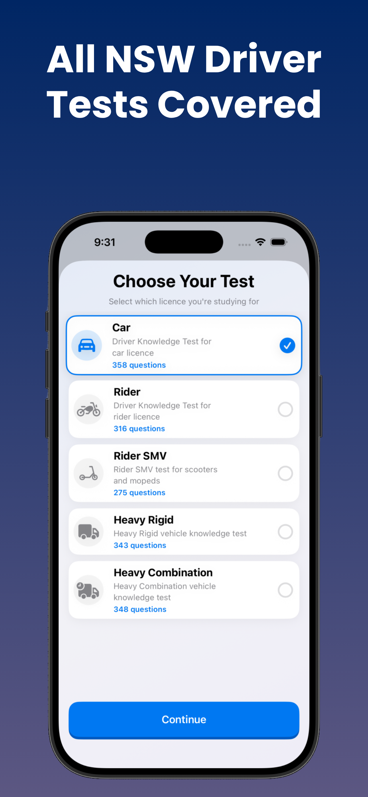 DrivePrep NSW test selector with car, rider, Rider SMV, Heavy Rigid, and Heavy Combination options